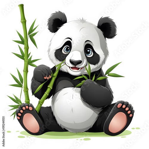 Cartoon panda eating bamboo isolated on white background