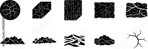 A set of black and white icons representing various ground textures, including cracked earth and piles of soil or gravel.