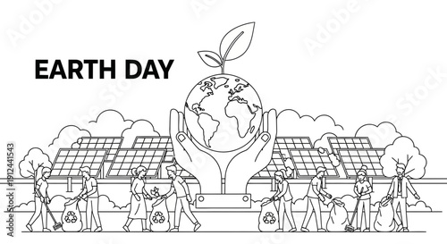 Earth Day Hands Caring for Planet with Solar Panels and Recycling People