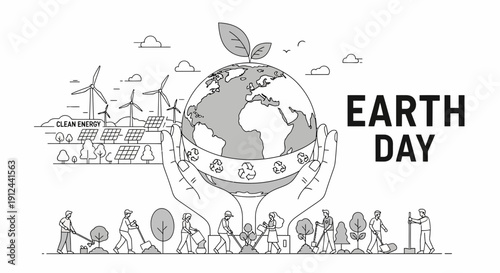 Earth Day Hands Holding Globe with Renewable Energy and People Planting