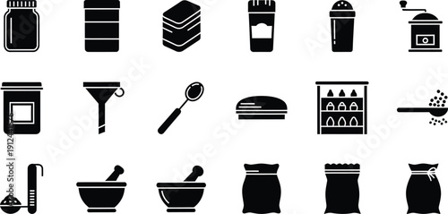 A collection of black and white icons representing kitchen tools and containers for spices and herbs