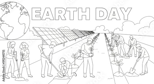 Earth Day illustration: people planting trees and solar panels for clean energy