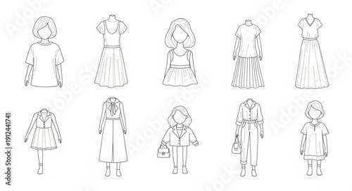 Collection of hand-drawn fashion sketches of childrens clothing.