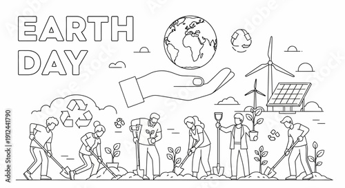 Earth Day Line Art: People Planting Trees, Hand Holding Globe, Renewable Energy