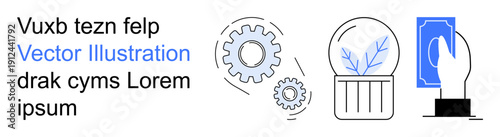 Business strategy, innovation, sustainability, finance, teamwork, growth. Gears, a plant in a glass dome and a hand holding cash. Innovation and sustainability idea
