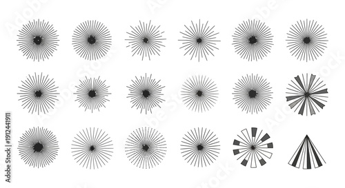 abstract sunburst and radial line designs diverse graphic elements on white perfect for modern branding logos and visual impact.