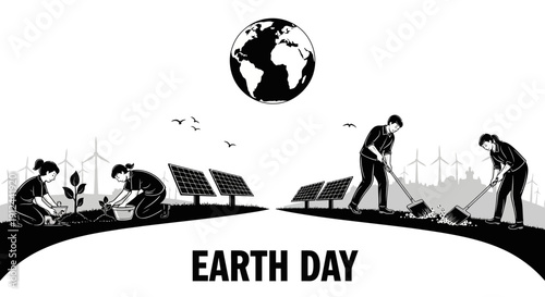 Earth Day: People planting trees, solar panels, wind turbines, and city skyline