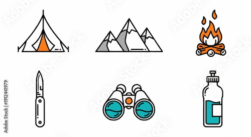 Camping essentials including tent, mountains, campfire, knife, binoculars, and water bottle, showcasing outdoor adventure equipment.