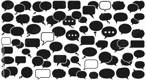black and white seamless pattern of speech bubbles and thought balloons symbolizing digital communication online chat and social interaction.
