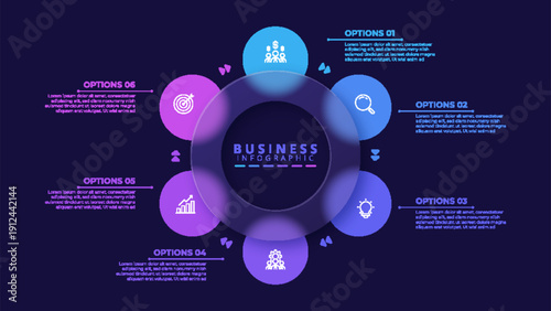 Infographic label design template featuring icons and six distinct steps. Ideal for process charts, presentation slides, workflow schemes, banners, flow diagrams, and data visualizations.