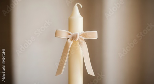 Unlit tall taper candle adorned with a delicate satin ribbon is centered against a soft neutral background.