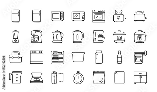 Simple Line Icons of Food Storage and Kitchen Appliances – Minimal Outline Vector Set