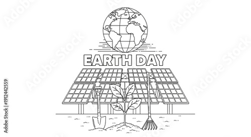 Earth Day Solar Power Plant Green Energy Renewable Ecology Concept Line Art