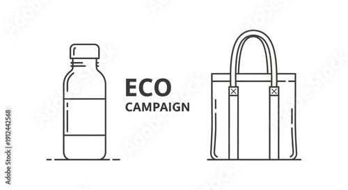 Eco Campaign Bottle and Tote Bag Line Art Icons