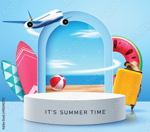 Summer time podium clipart design. Summer time text in white podium clip art with summer and travel elements in tropical beach background for seasonal party and promotion advertisement stage banner 