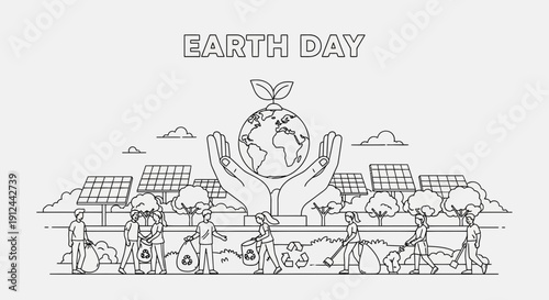 Happy Earth Day: Hands Holding Planet with Growing Plant, Solar Panels, and People Cleaning