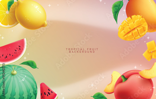 Summer tropical fruit background clipart banner design. Tropical fruit background template clip art with lemon, watermelon, mango and peach for Summer fresh, juicy and healthy food simple frame 