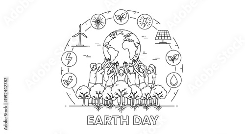 People Holding Earth Surrounded by Renewable Energy Icons and Trees