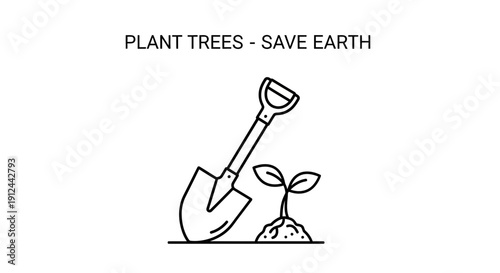 Plant Trees Save Earth Icon: Shovel and Seedling, Environmental Protection Concept