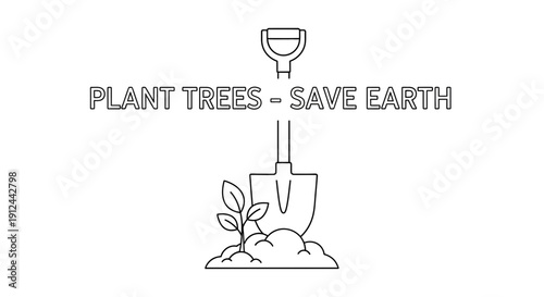 Plant Trees Save Earth vector icon illustration with shovel and seedling outline