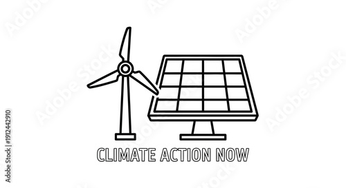 Renewable Energy Icons: Wind Turbine and Solar Panel with Climate Action Now text