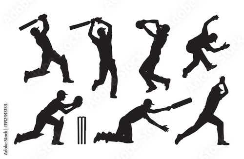 Cricket player silhouette collection dynamic batsman bowler fielding poses action sport