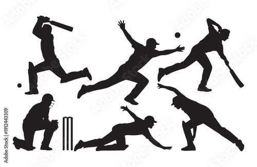 Cricket players batting bowling fielding action poses silhouette set