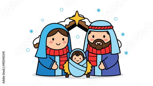Cute Nativity Family Christmas Illustration