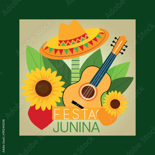 Vibrant festa junina celebration with traditional sombrero, guitar, and sunflowers