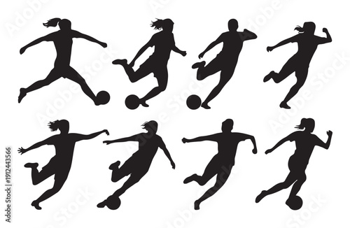 Female soccer player silhouettes set vector, various poses of women playing football, isolated on white background