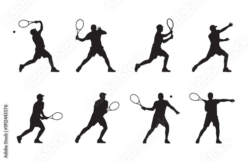 Tennis player silhouettes vector set, various poses of men playing tennis, isolated on white background