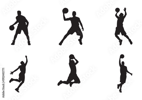 Basketball player silhouette set dynamic action dribbling shooting jumping game sport