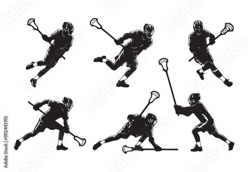 Lacrosse player silhouettes set with detailed athlete figures in protective gear and stick action poses