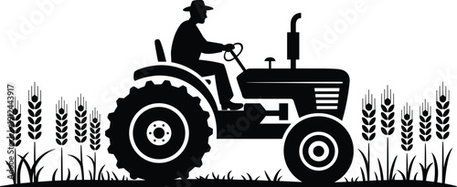 Farmer driving tractor in wheat field silhouette vector illustration, agriculture farming machinery rural landscape harvest concept black and white graphic design