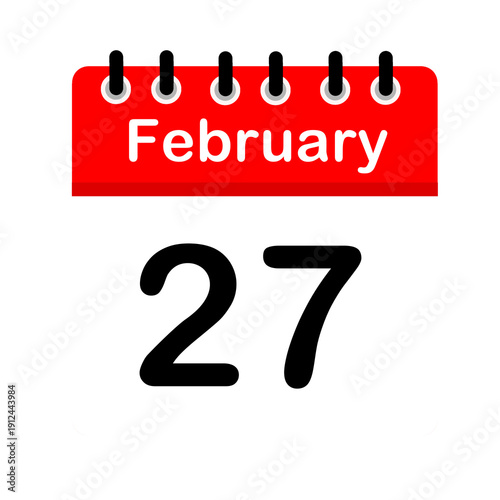 February 27 calendar icon flat design illustration. Calendar template, red and white, sticker, poster, banner, emoticon.
