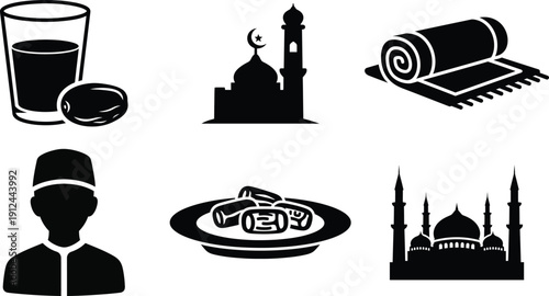 Iconic symbols representing islamic culture and daily rituals