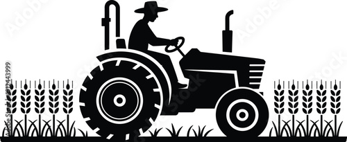 Farmer driving tractor in wheat field silhouette vector illustration, rural agriculture farming machinery harvest season countryside black and white graphic