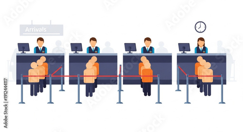 People waiting in line at airport check-in counters with staff assisting.
