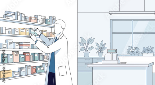 Pharmacist Arranging Shelves with Medicine Boxes in a Modern Pharmacy Interior