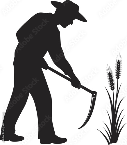 Farmer harvesting wheat with sickle silhouette vector illustration, rural agriculture worker cutting crop traditional farming black and white graphic design