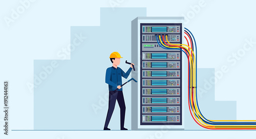 Technician Maintaining Server Rack with Cables in Data Center