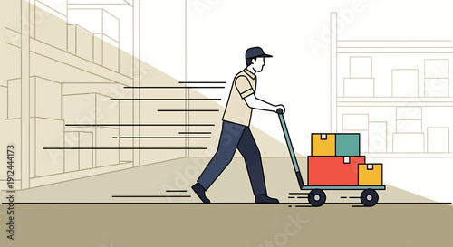 Warehouse worker pushing a cart with boxes, logistics and delivery concept