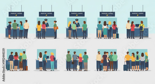 People queuing at service counters for assistance and information.