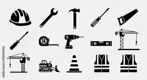 Collection of construction tools and safety equipment icons.