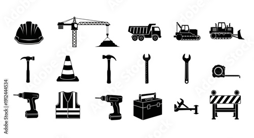 Construction tools and equipment icons set vector illustration.