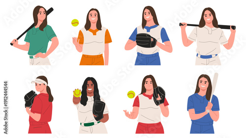 set of female softball and baseball players holding bat, glove, and ball in various poses. Ideal for sports training materials, women athletics promotion, team branding, tournaments, school sports