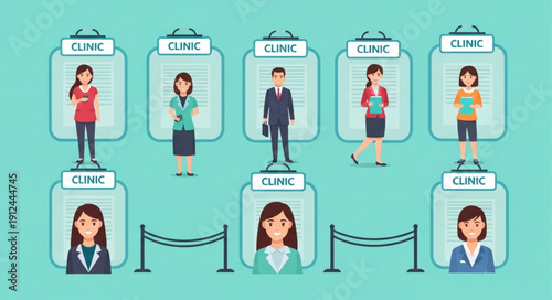 Diverse group of people waiting in line at a clinic.