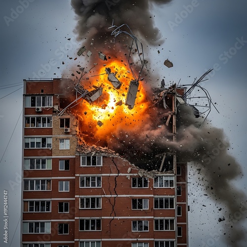 Explosion rips through apartment building, sending debris and smoke into the sky.