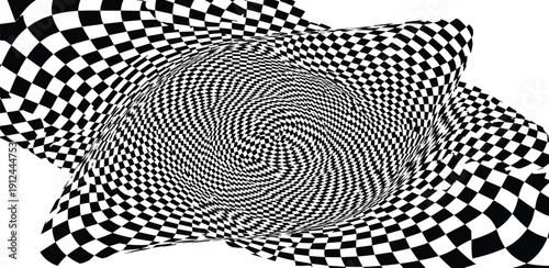 Optical illusion of a 3D checkerboard pattern with spiral design, viewed from directly above, showcasing geometric shapes and abstract art