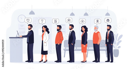 Diverse group of people standing in line waiting for service.